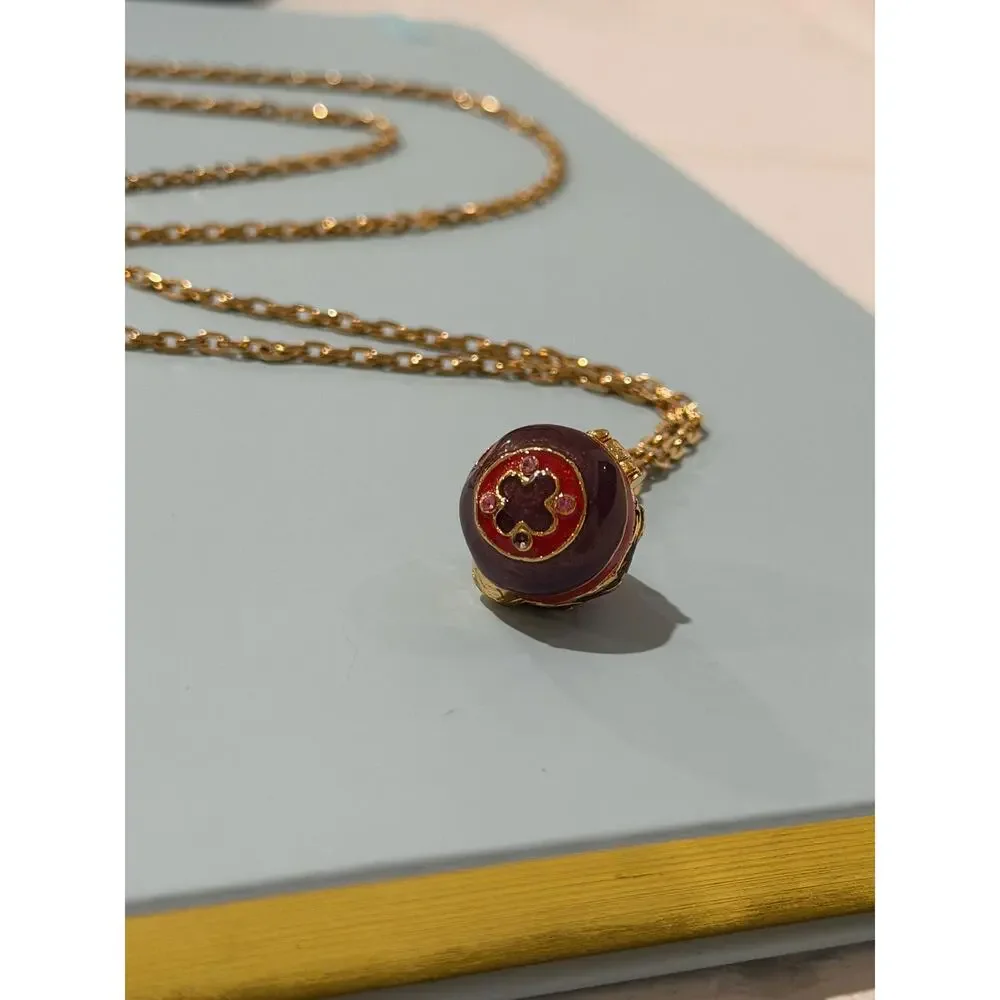 Vintage Joan Rivers Faberge Style Egg Locket Necklace • Red Enamel • Gold Plate